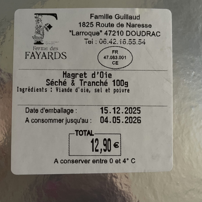 Plaquette de Magret d'Oie séché tranché artisanal Ferme des Fayard