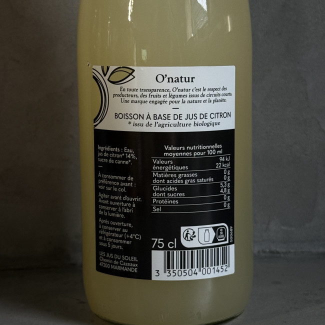 Bouteille Citronnade artisanale naturelle O'Natur