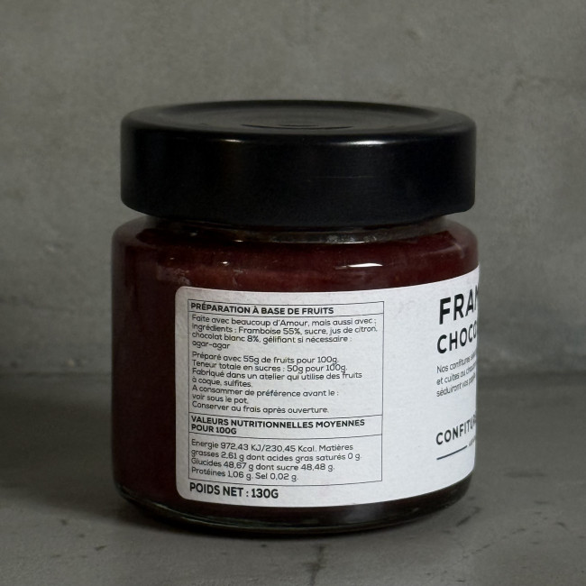 Pot de confiture artisanale Framboise et Chocolat Blanc gourmande